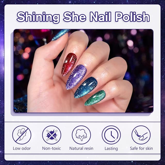 Detalle de Shining She UV Nagellack CatEye-Set (4 Farben) mit Magnet – Burgund, Rot, Lila, Blau/Grün/Glitzer, 8 ml