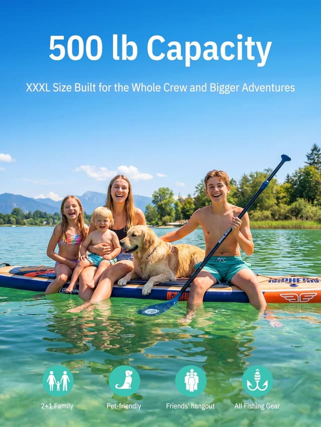 Detalle de Niphean (Extra Large) Inflatable Paddle Board (SUP) for 2–3 People, 500+ lbs Capacity + Accessories