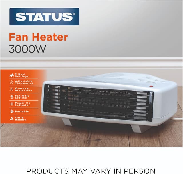Thumbnail 6 de STATUS Flat Fan Heater 3000W (3 kW) Portable Indoor Radiator, White, 2 Heat Settings & Thermostat Control