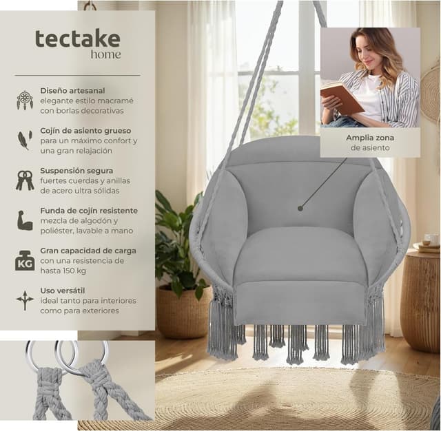 Thumbnail 1 de tectake Columpio Jardín Exterior silla colgante gris