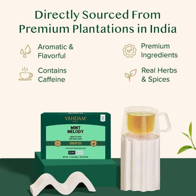 Detalle de Vahdam Mint Melody Té Verde 🌿 30 Bolsitas, Natural, India