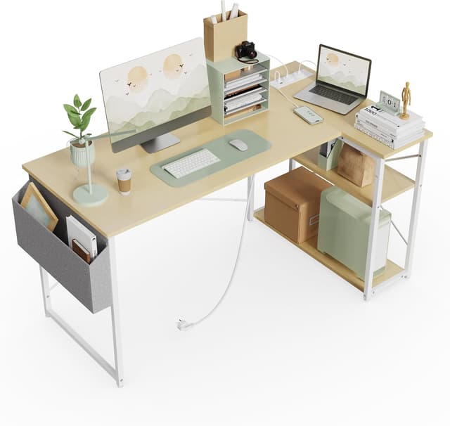 Detalle de BEXEVUE Small L-Shaped Desk with Power Outlets, 100x70 cm corner workstation with reversible storage shelves (beige)