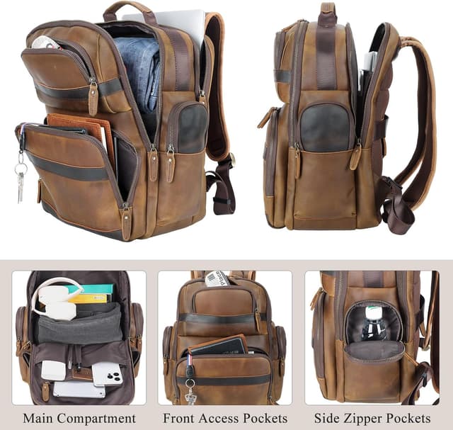 Detalle 2 de TIDING Vintage Leather Backpack for Men – 15.6-inch Laptop Leather Travel/Daypack