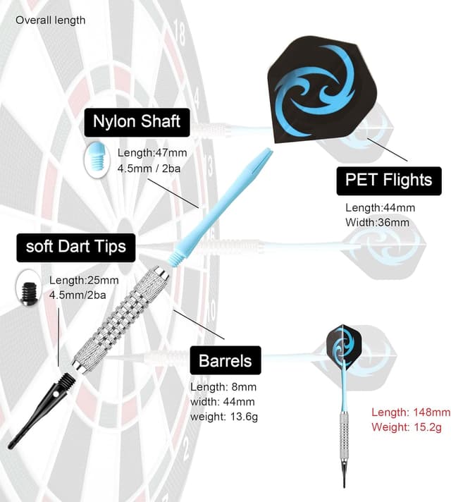 Detalle de CareGames 12-teilige Softdart-Set (16 g) mit PVC-Schäften und 24 Ersatzspitzen