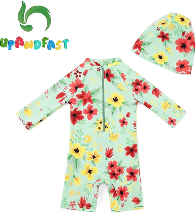 Detalle de upandfast Baby Girl Long Sleeve One-Piece Swimwear with Sun Hat (UPF 50+)