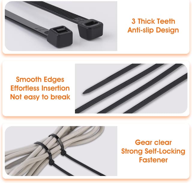 Detalle 2 de Amyu 6-Inch Black Cable Ties (1000 Pack) 150mm Nylon Zip Ties, 40lb UV-Resistant