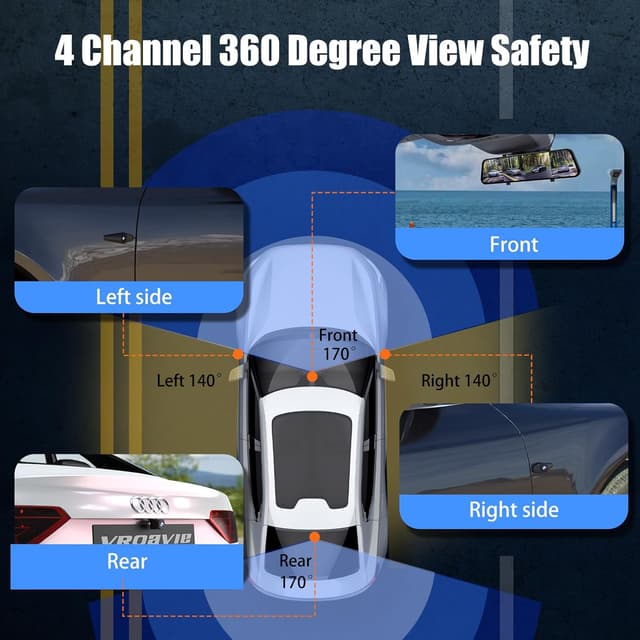 Detalle de 360 Degree View 4-Channel Mirror Dash Cam with Detached Cameras (Front + Left/Right Side + Rear) — 12" Rearview Mirror, WiFi, GPS, Night Vision, Parking Monitor