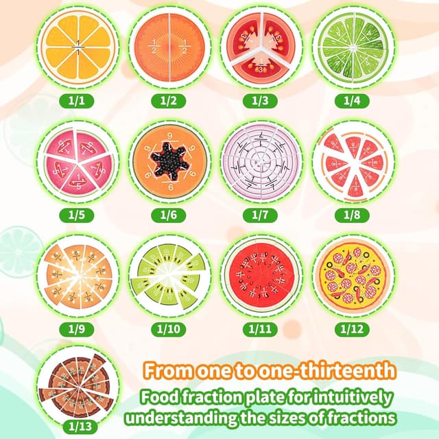 Detalle 2 de Wooden Fruit Fractions Circles (91 pieces + 20 question cards) Montessori-style fractions maths game for ages 6+