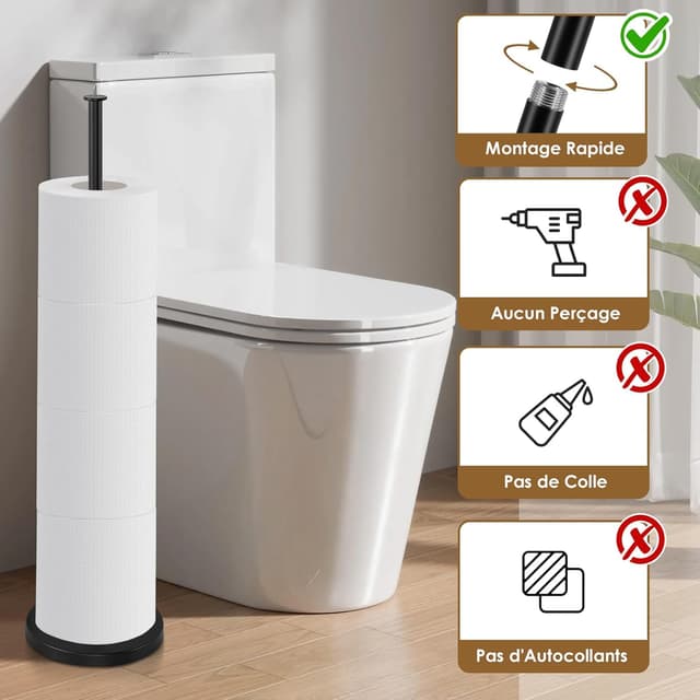 Detalle de Porte papier toilette sur pied noir avec réserve (jusqu’à 4 rouleaux) – support antirouille sans perçage