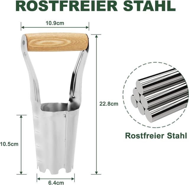 Detalle 2 de Lochspaten mit Tiefenskala von Eadwiella (rostfreier Stahl, Holzgriff) – Blumenzwiebeln und Samen pflanzen