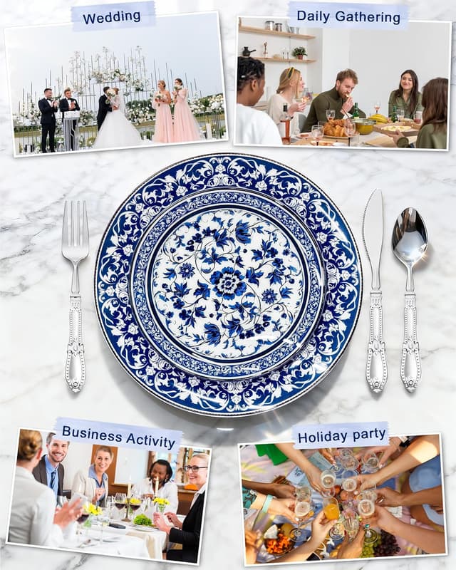Detalle de Hioasis 60pcs Blue Plastic Plates Set (Blue & White Floral Porcelain Design) - 10.25" Dinner & 7.5" Dessert Plates