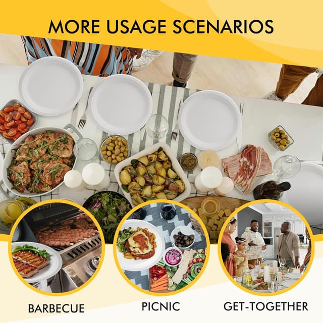 Detalle de RACETOP Disposable Compostable Paper Plates (9 Inch, 125 Pack) — White Bagasse, Heavy-Duty Sugarcane-Fiber Plates