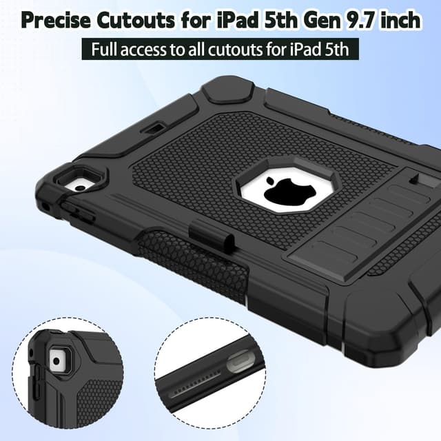 Detalle 2 de SINSO Heavy Duty Shockproof Case for iPad 9.7in (6th Gen 2018 / 5th Gen 2017 / Air 2) with Kickstand & Pencil Holder – Black
