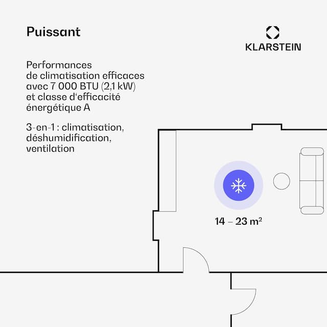 Detalle de Klarstein Climatiseur Mobile Silencieux 3-en-1 Smart (7000 BTU) : refroidissement, déshumidification et ventilation