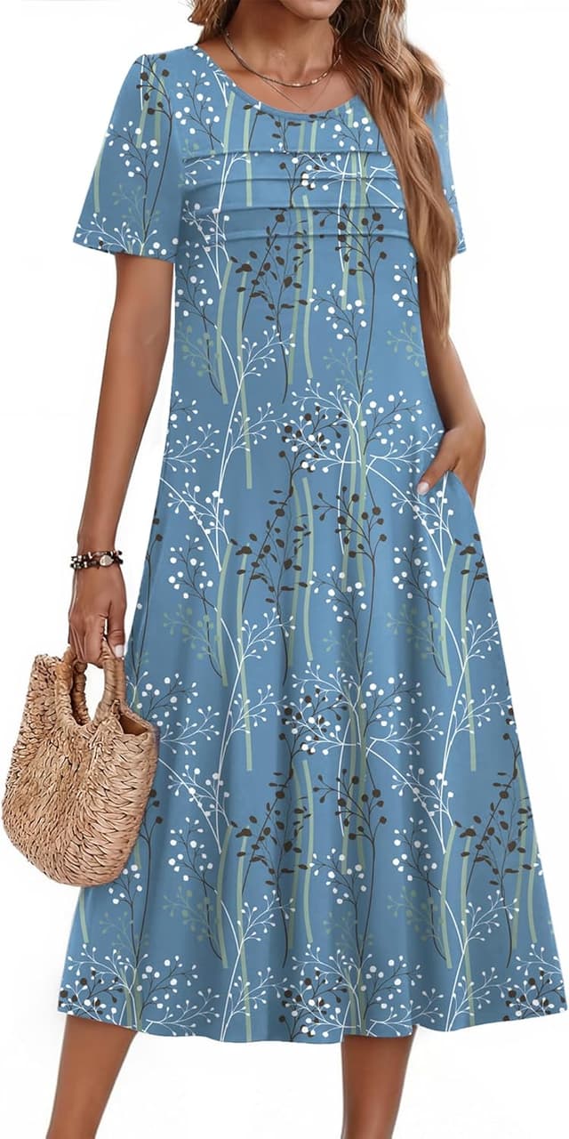 Detalle 2 de Zeagoo Women’s Short-Sleeve Flare Midi Dress with Pockets (Pleated Front, Floral Print)