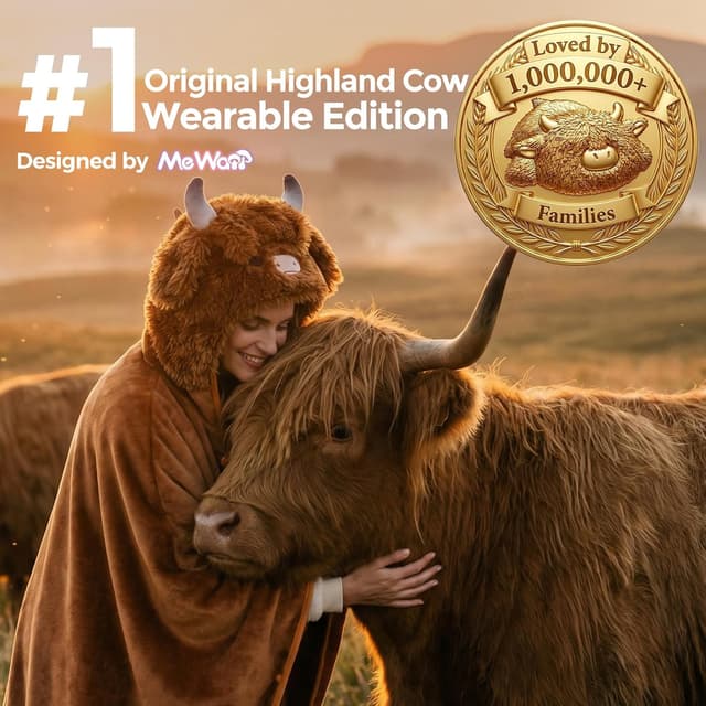 Detalle 2 de Mewaii Plaid à capuche en laine douce (vache highland) 130 x 158 cm — couverture pour enfant et adulte