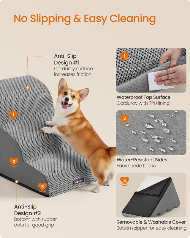 Detalle de Feandrea 3-Step Dog Stairs (Dove Grey) with Removable Waterproof Cover – Gentle Slope PPS013GD01