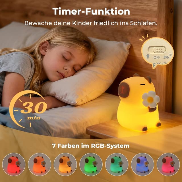 Detalle de JVURICE® Capybara Silikon-Nachtlicht für Kinder, dimmbar, Touch & wiederaufladbar per USB‑C
