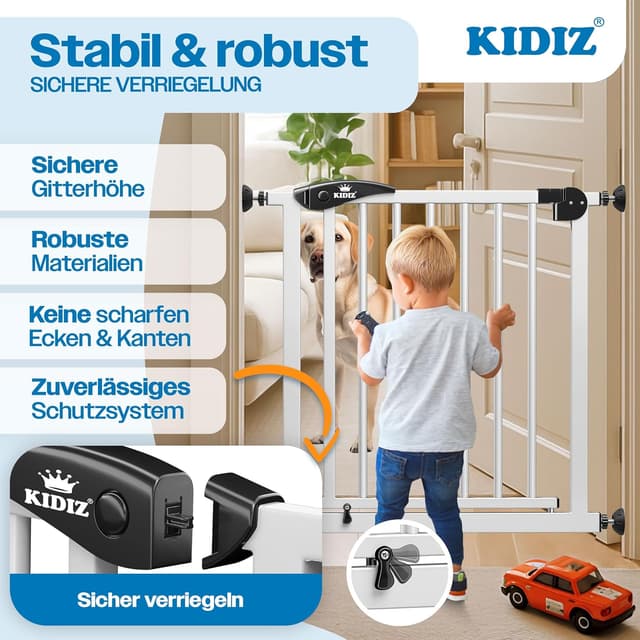 Detalle de KIDIZ Treppenschutzgitter ohne Bohren – verstellbare Breite 81–87 cm, 75 cm hoch, Türschutz- und Absperrgitter mit 90° Open-Stop