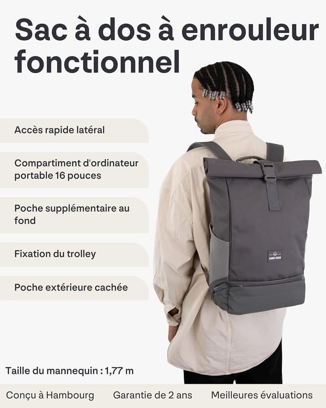 Detalle 2 de Johnny Urban Sac à dos roll top Allen Medium gris foncé, ordinateur 16 pouces, 600D hydrofuge