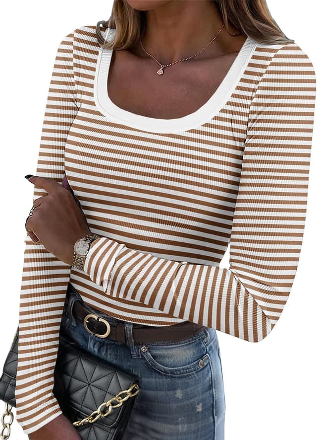 Thumbnail 6 de Zeagoo T-shirt manches longues femme à col rond en tricot côtelé, coupe ajustée