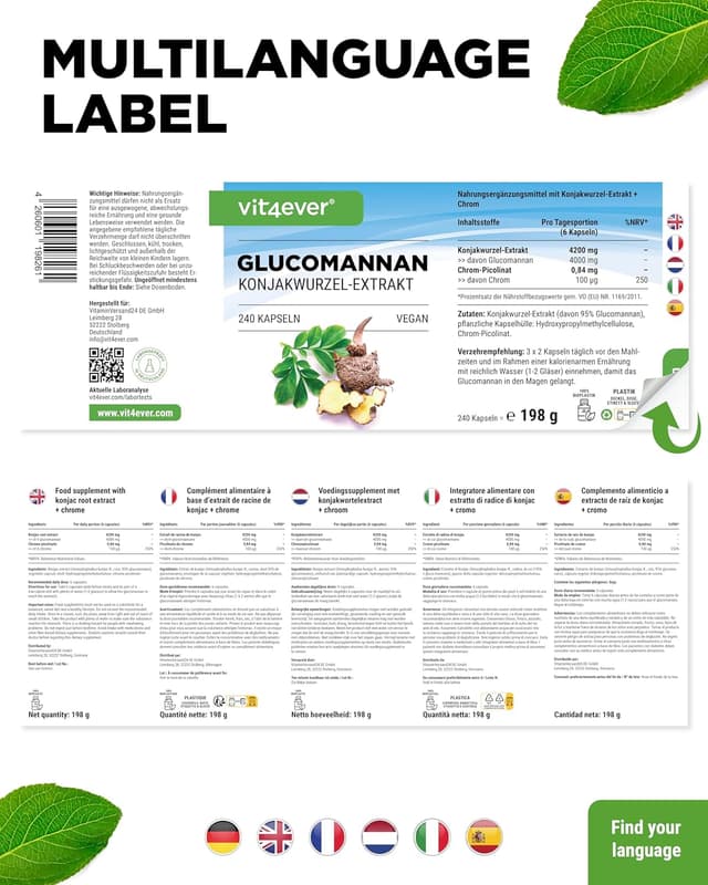 Detalle de Vit4ever Glucomannan aus der Konjak-Wurzel – 240 Kapseln, hochdosiert (4200 mg/Tag) & Chrom (vegan)