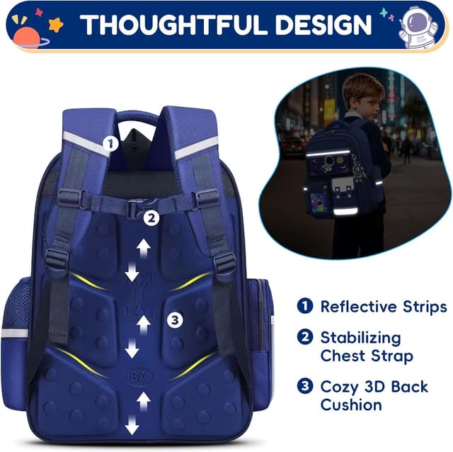 Detalle de Amythe Cartable Garçons Primaire (CE2 à CM2) – Sac à dos 7 compartiments bleu avec bandes réfléchissantes