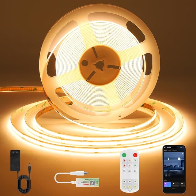 Detalle de ACELUO Smart App COB LED Streifen Warmweiß (dimmbar, Timer), 8 mm, 5 m – 3000K für Küche, Schlafzimmer & Wohnzimmer