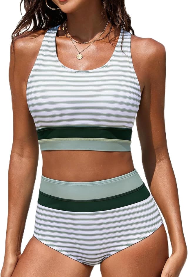 Detalle de Dipopinon Women’s High Waisted Bikini Set (Two-Piece) — Color Block Sporty Swimsuit with Moderate Coverage