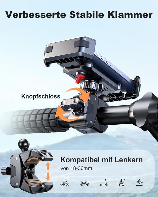 Detalle de CIRYCASE Handyhalterung Fahrrad: 360° drehbar, Anti-Vibration & werkzeuglose Lenkerklemme für 4,7–6,8 Zoll