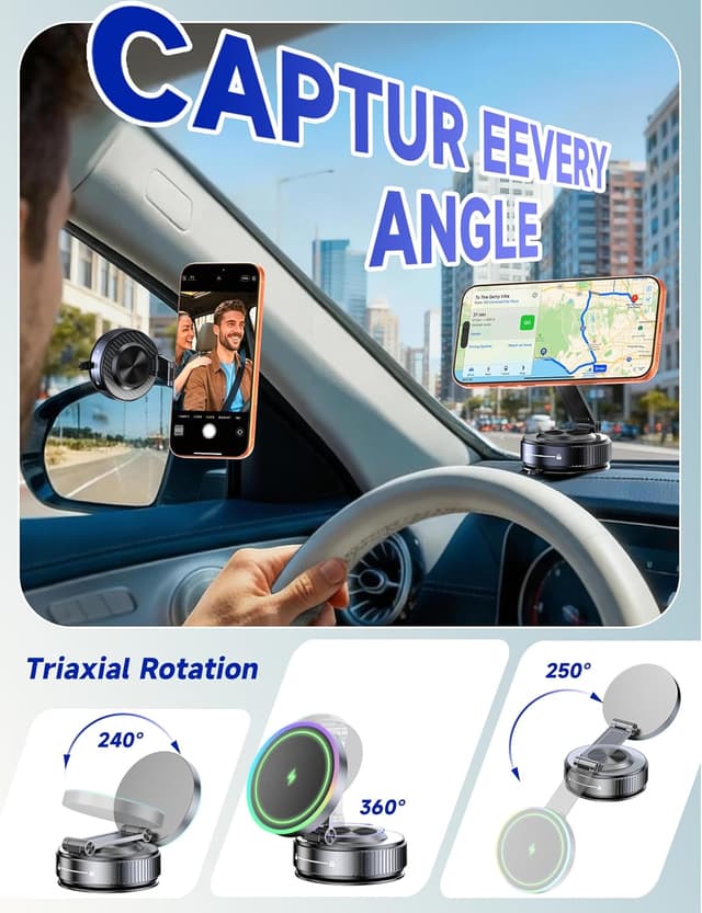 Thumbnail 6 de visnfa Magsafe Car Mount Charger (15W) with 105+ lb Suction & 360° Adjustable Magnetic Phone Holder