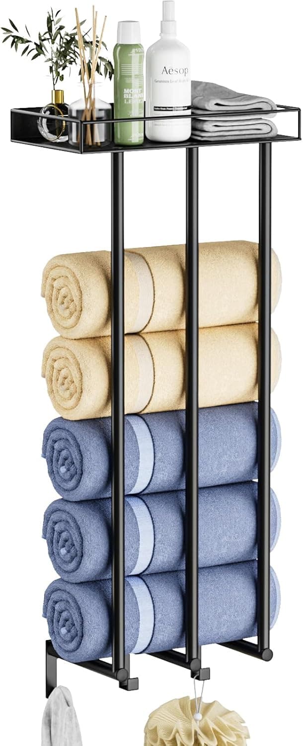 Detalle de Ovicar Handtuchhalter für Badezimmer (Wandmontage) mit Metallregal und 3 Haken – schwarz