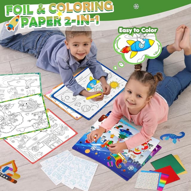 Detalle de URMYWO Folienspaß Kinder: 2-in-1 Kreativ-Folie & Malpapier mit Dinosauriern und Weltraum