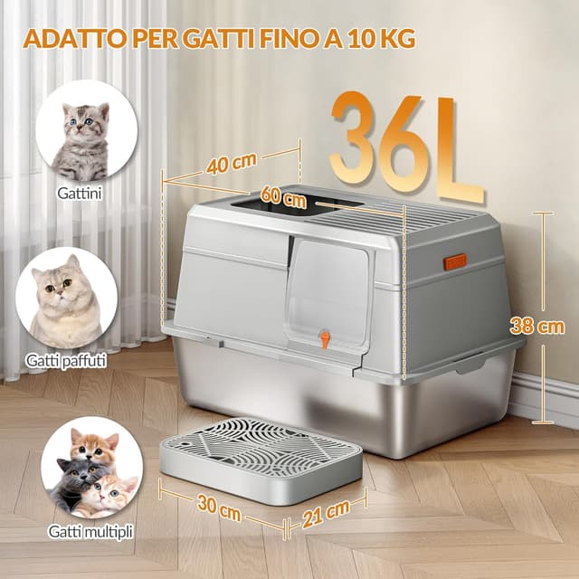 Detalle de Fobyfurny FPLB204SG1 Lettiera chiusa in acciaio inox XXL con coperchio, doppio ingresso e pedana (60 x 40 x 38 cm) – Grigio chiaro