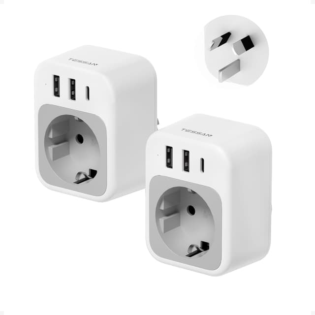 Detalle de TESSAN 2er Reiseadapter Australien/Deutschland mit USB-C (Type I) – erweiterbar auf Schuko und USB A