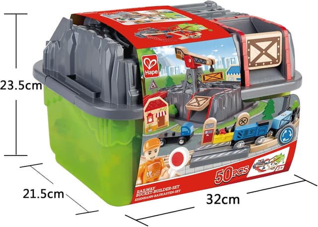 Detalle 2 de Hape Eisenbahn-Baukasten-Set mit Lagerbox, Güterzug 🚂