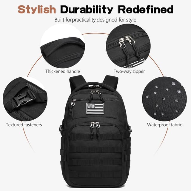 Thumbnail 6 de Wotony Military Tactical Backpack (Black) — Small Assault Bag, 25L MOLLE Pack