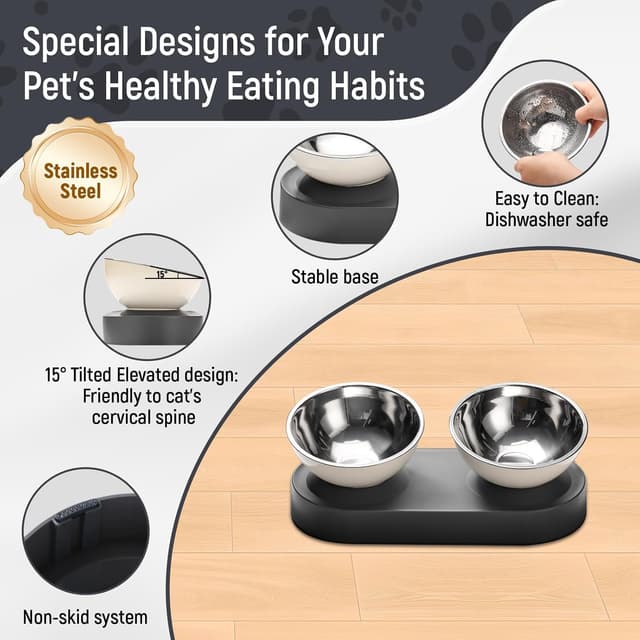 Detalle 2 de Marchul ciotole per gatti con supporto inclinato 15° in acciaio inox, doppia per cibo e acqua