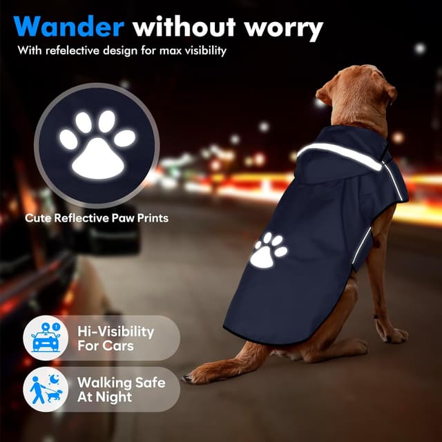 Detalle de BiPawTi Waterproof Dog Coat for Large Dogs (Reflective, Hoodie) – Blue, XL