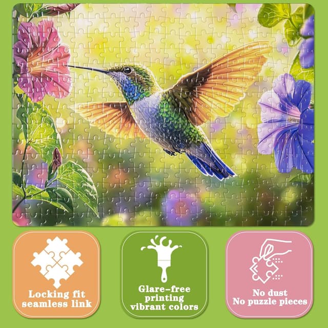 Detalle de 300-Piece Puzzle for Adults: Spring Hummingbird Flowers Jigsaw, Recycled Paper, Glossy & Sturdy Large Pieces