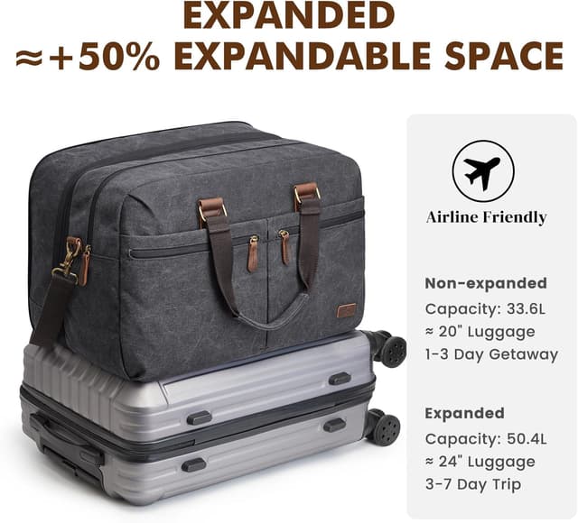 Detalle de S-ZONE borsone espandibile da viaggio 33–50L in canvas nero (weekender, nero)