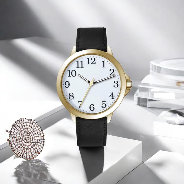 Detalle de NUOVO Herren Analog-Quarzuhr mit großem Zifferblatt, schwarzem Lederarmband (45 mm) – gut ablesbar