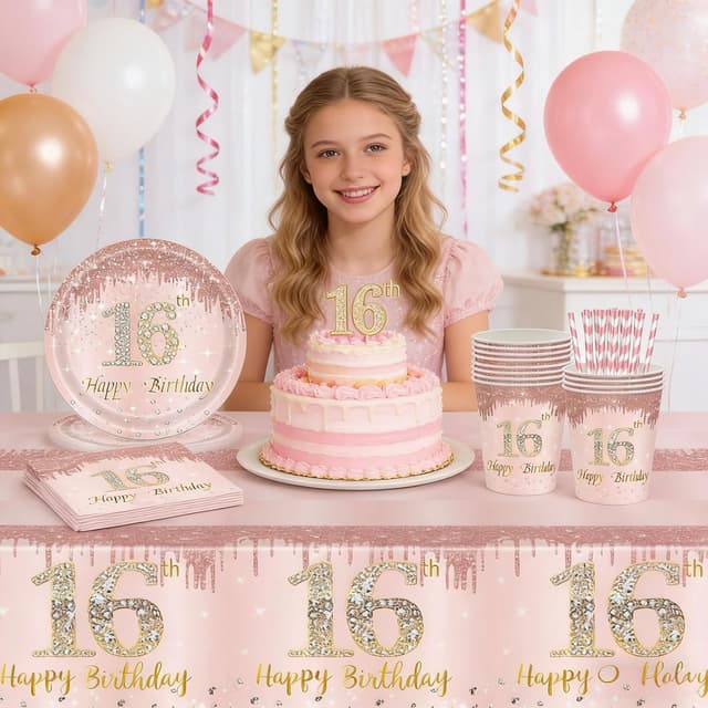 Detalle 2 de YRsorn 16. Geburtstag Mädchen Partygeschirr „Sweet 16“ für 16 Gäste