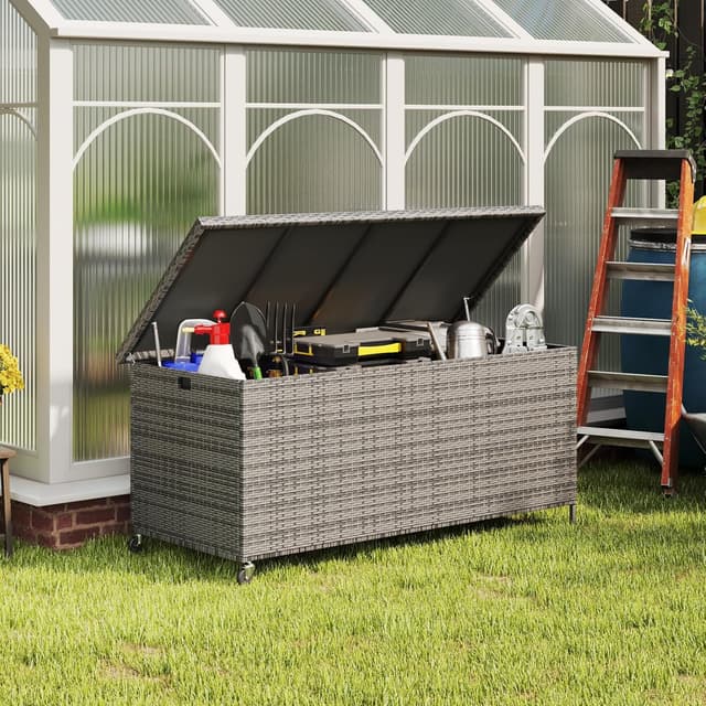 Thumbnail 6 de Amopatio 480L Gartenbox Auflagenbox wasserdicht mit Polyrattan, Rollen & Gasdruckfedern – grau