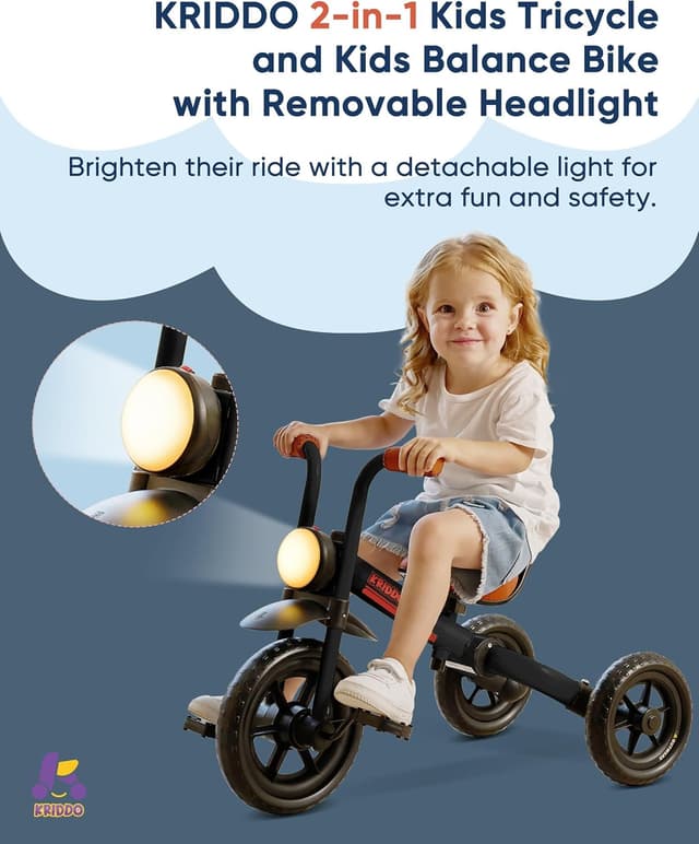 Detalle de KRIDDO 2-in-1 Kids Balance Bike and Tricycle (Detachable Pedals) for Ages 2–5, Black