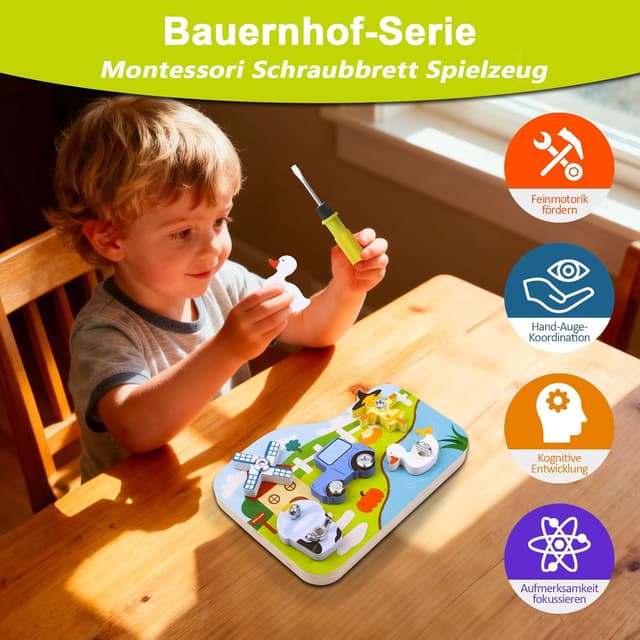 Detalle de Liangding Montessori Bauernhof-Schraubbrett (17-teiliges Set) aus Holz – Lern- und Motorikspielzeug ab 3 Jahren