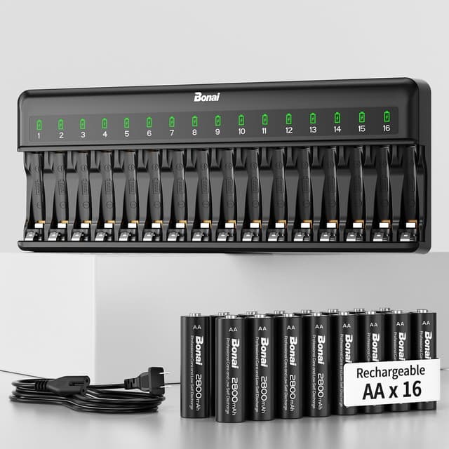 Detalle de Bonai Rechargeable AA Batteries (2800mAh) with 16-Bay Smart Charger — 16-Pack Ni-MH