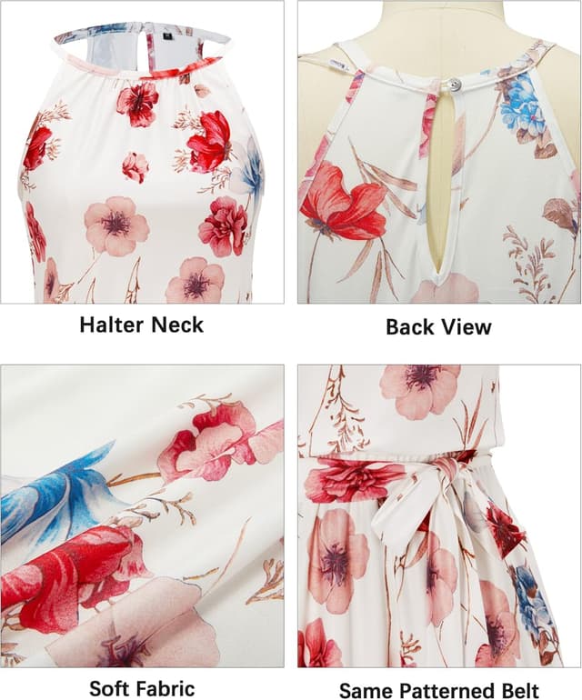 Detalle de Newshows Damen Sommerkleid knielang mit Neckholder, Blumenmuster & Taschen