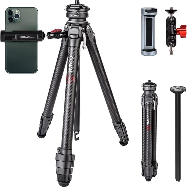 Detalle de COMAN Zero F38 treppiede in fibra di carbonio con testa a sfera panoramica 360° (video F38 per DSLR)