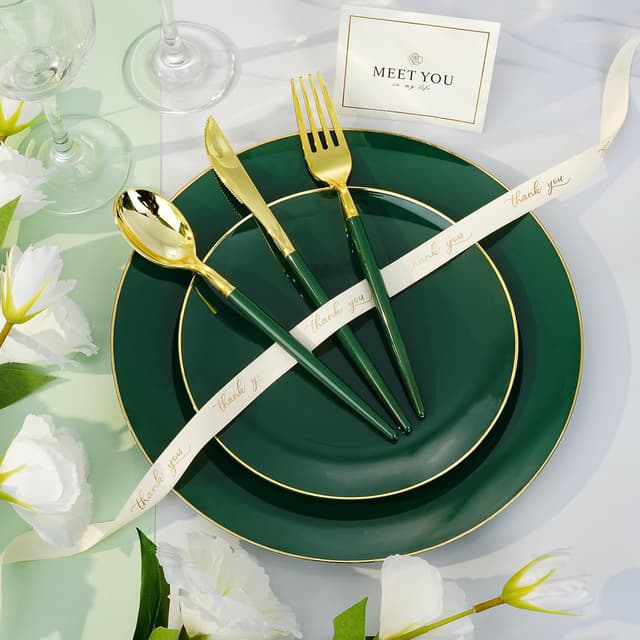 Thumbnail 2 de 175-Piece Green Gold Plastic Dinnerware Set
